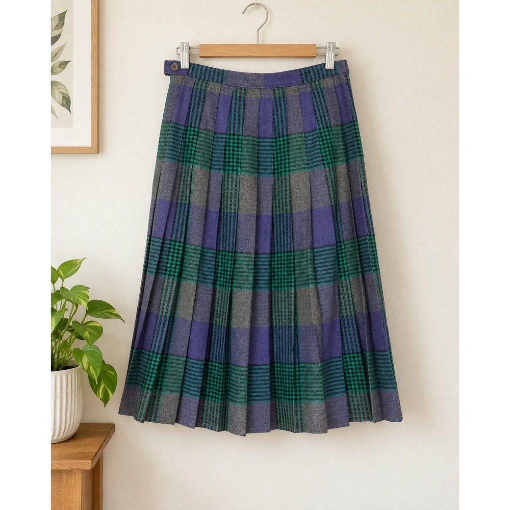 Tan Jay Vintage Wool Blend Plaid Pleated Midi Skirt Purple Green Grey Size 14